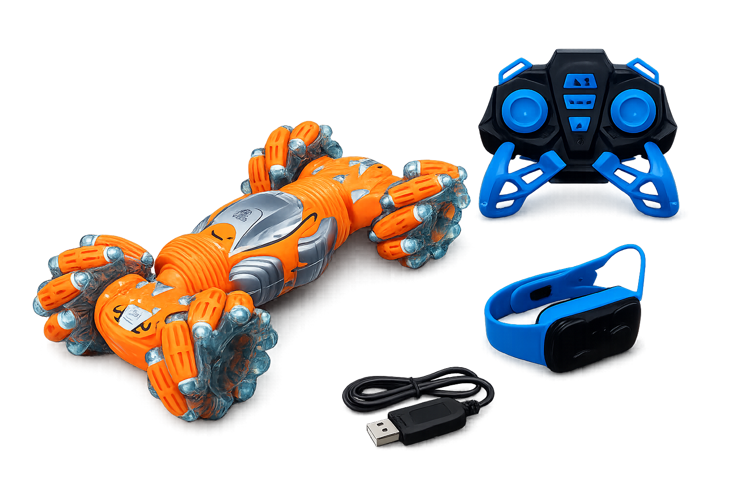 محتويات العلبة: سيارة RC، ريموت، سوار تحكم بالإشارة، وكابل شحن