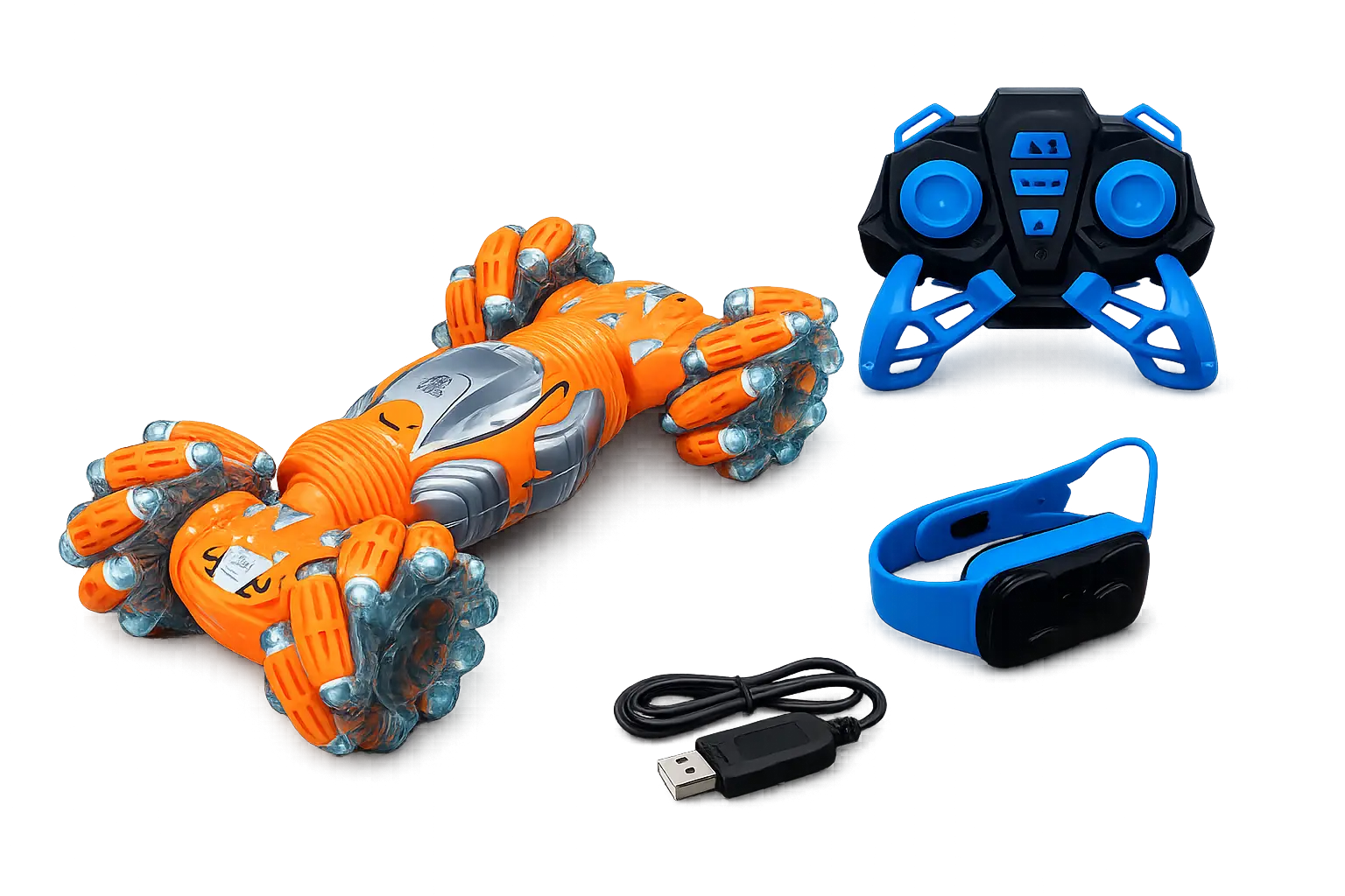 محتويات العلبة: سيارة RC، ريموت، سوار تحكم بالإشارة، وكابل شحن